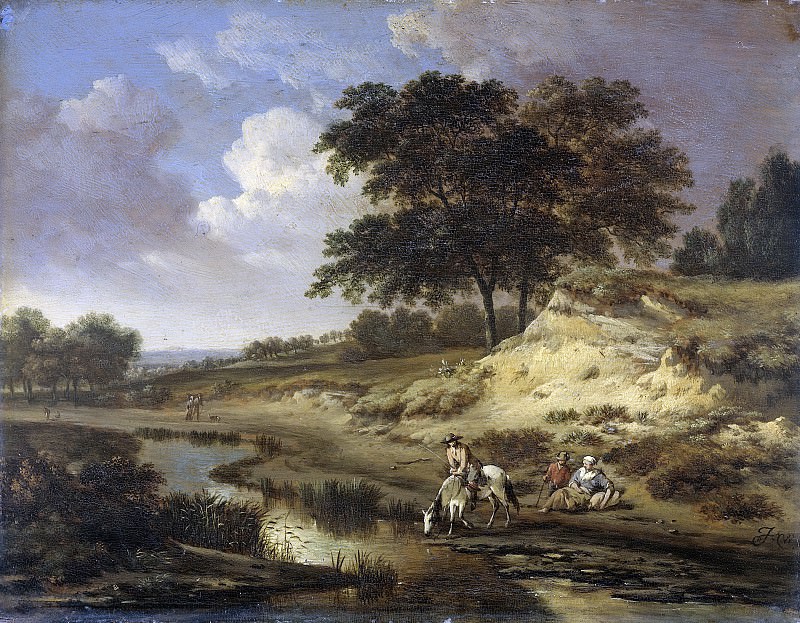 Вейнантс, Ян -- Пейзаж с всадником, лошадь которого пьет из реки, 1655-1684. Рейксмузеум: часть 3