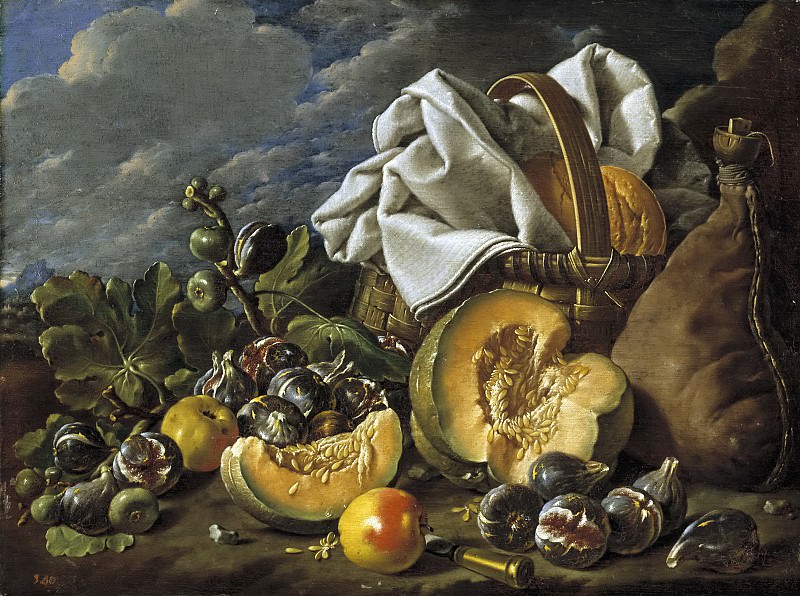 Meléndez, Luis Egidio -- Bodegón: calabaza, higos, bota de vino y cesto, Part 3 Prado Museum