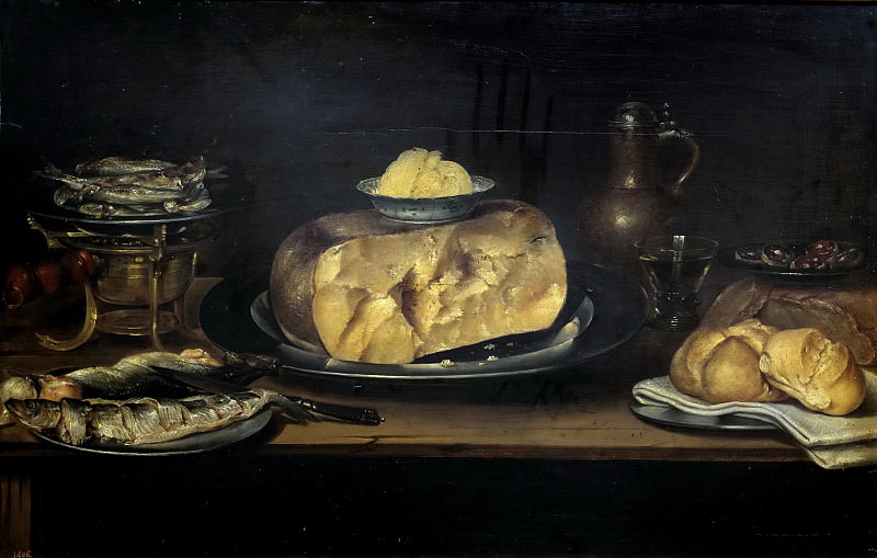 Adriaenssen, Alexander -- Bodegón: mesa con vajilla, queso, salchichón, pescados..., Part 3 Prado Museum