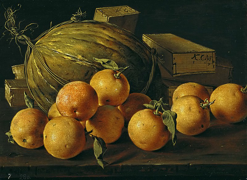 Meléndez, Luis Egidio -- Frutero con naranjas, melón y cajas de dulce. Part 3 Prado Museum