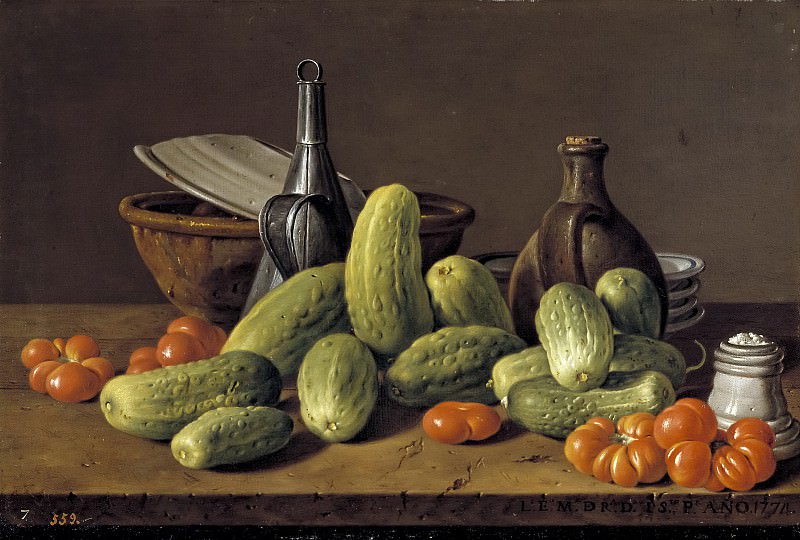 Meléndez, Luis Egidio -- Bodegón: pepinos, tomates y recipientes. Part 3 Prado Museum