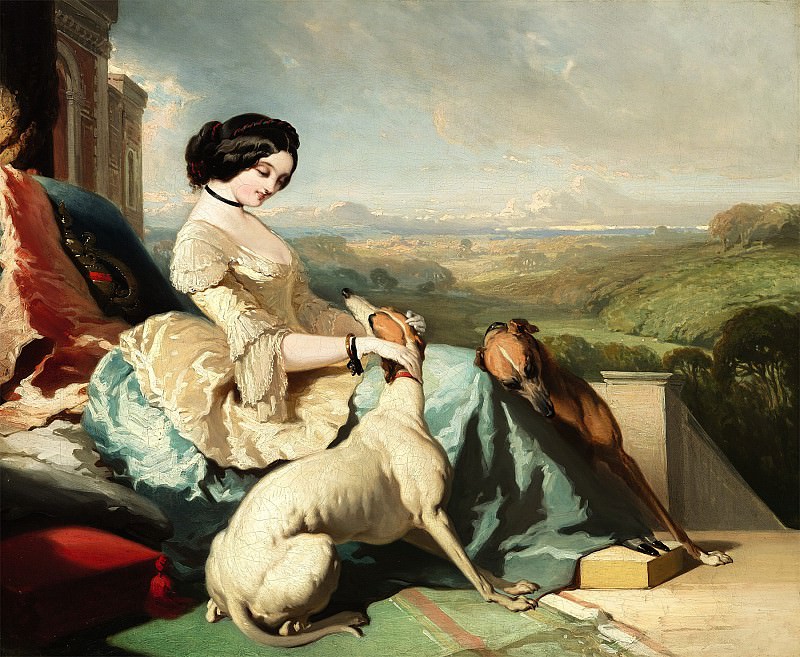 ALFRED DE DREUX A Lady sitting with two Greyhounds. European art; part 1