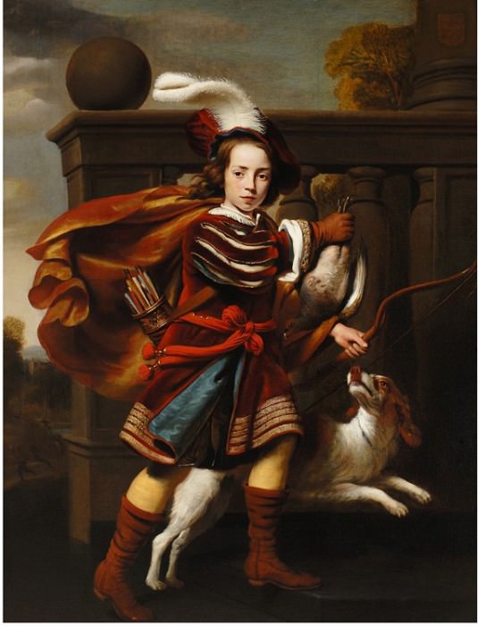 CORNELIS BISSCHOP Portrait of a Young Boy as a Hunter with His King Charles Spaniel. European art; part 1