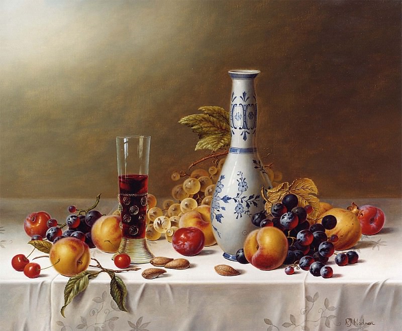 Roy Hodrien Still Life with Delft Vase Red Wine & Fruits on a Tablecloth 12119 2426. часть 5 - европейского искусства Европейская живопись