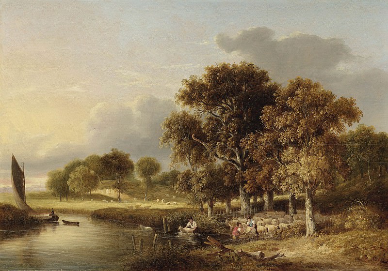 Samuel David Colkett Norfolk river landscape with sheep dipping in the foreground 28226 20. часть 5 - европейского искусства Европейская живопись