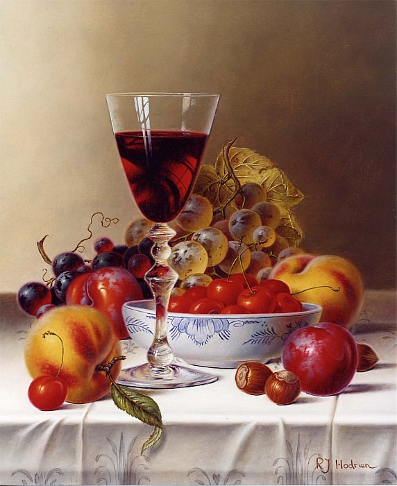 Roy Hodrien Still Life with Red Wine & Cherries on a Tablecloth 26124 2426. часть 5 -- European art Европейская живопись