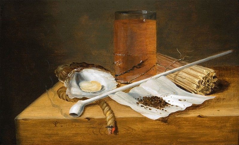 Theodoor Smits A Tobacco Still Life with a Pipe smoking utensils a Glass of Beer and Oysters 27403 268. часть 5 -- European art Европейская живопись