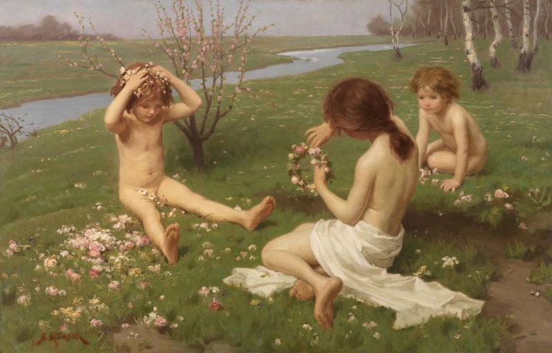 Simon Glücklich (1863-1943) - Crowned with Flowers. часть 5 - европейского искусства Европейская живопись (Kinder in einer Blumenwiese)