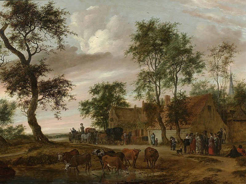 Salomon van Ruysdael A village landscape with carriages outside an inn 28557 20. часть 5 -- European art Европейская живопись