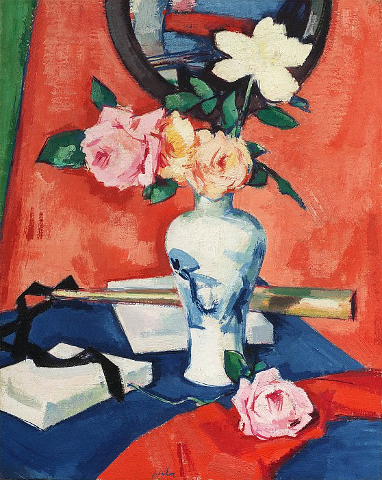 Samuel John Peploe Roses in a vase against an orange background 28515 20. часть 5 - европейского искусства Европейская живопись