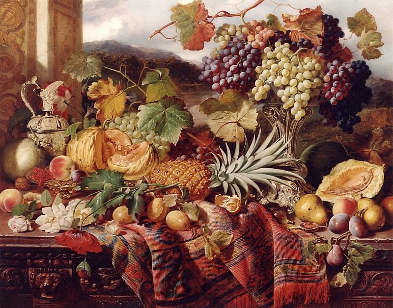 William Duffield Still Life with Mixed Fruit & a Rug with Landscape Beyond 11993 2426. часть 5 - европейского искусства Европейская живопись