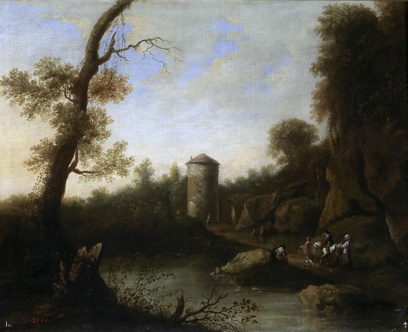 Anónimo (Círculo de Both, Jan) -- Paisaje bañado por un río con jinete y un torreón. Part 6 Prado Museum