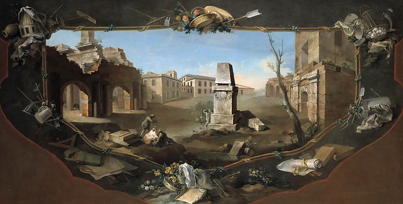 Flipart, Charles Joseph -- Paisaje con perspectiva arquitectónica y obelisco roto rodeado por cenefa decorativa en trampantojo. Part 6 Prado Museum