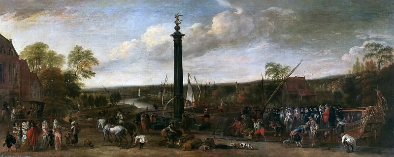 Minderhout, Hendrik van -- Desembarco de un cortejo en un puerto fluvial. Part 6 Prado Museum