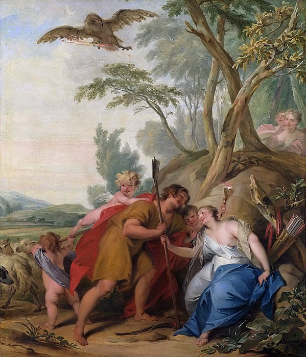 Wit, Jacob de -- Jupiter, vermomd als een herder, verleidt Mnemosyne, godin van het geheugen, 1727. Rijksmuseum: part 4