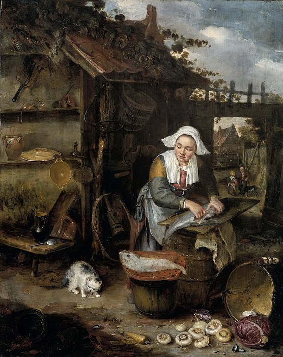 Potuyl, Hendrik -- Een huisvrouw op een binnenplaatsje bij het schoonmaken van vis, 1639-1649. Rijksmuseum: part 4