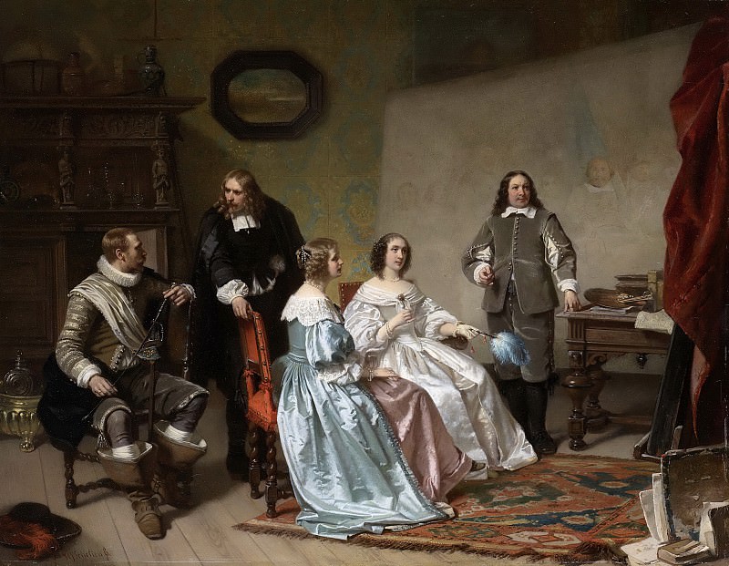 Scholten, Hendrik Jacobus -- De prinses van Oranje bezoekt het atelier van Bartholomeus van der Helst, op de achtergrond de ’Schuttersmaaltijd’ van 1648, 1850-1870. Rijksmuseum: part 4