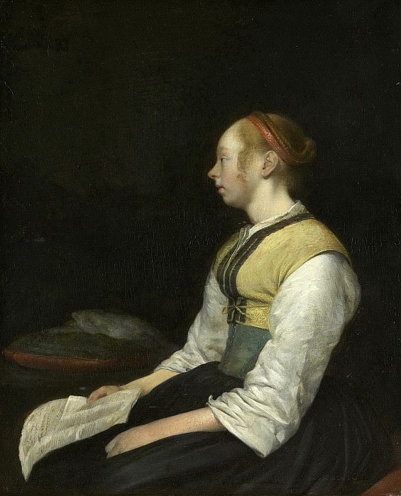 Герард Терборх (II) -- Молодая женщина в костюме крестьянки, вероятно Гезина, двоюродная сестра художника, 1650-1660. Рейксмузеум: часть 4