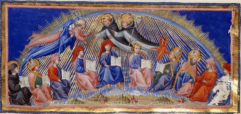 147 Dante and Beatrice being greeted by Aquinas and Albertus Magnus, while ten Doctors of the Church are seated below, Divina Commedia