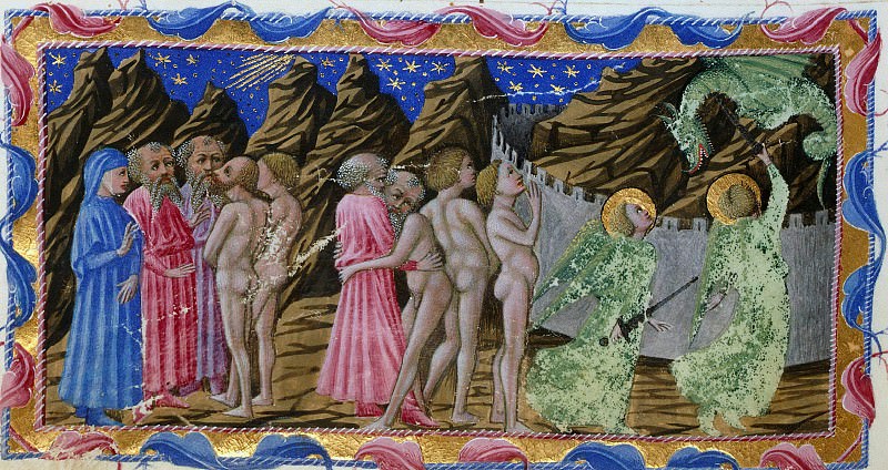 076 Purgatory – Dante with Virgil and Sordello, and a serpent being beaten off by two angels, Divina Commedia