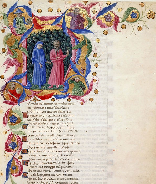 001 Priamo della Quercia [attribute to] – Initial N – Dante and Virgil in a dark wood, Divina Commedia