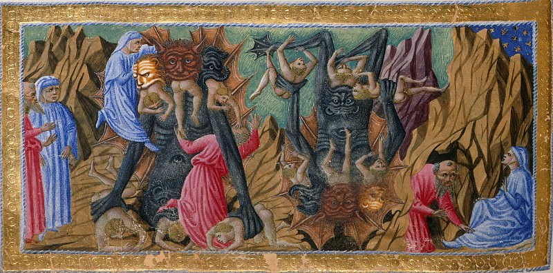 062 Ninth Circle - Dante and Virgil witnessing the gigantic figure of Dis, with his three mouths biting on the sinners Cassius, Judas, and Brutus, and Dante and Virgil emerging from the Inferno. Divina Commedia