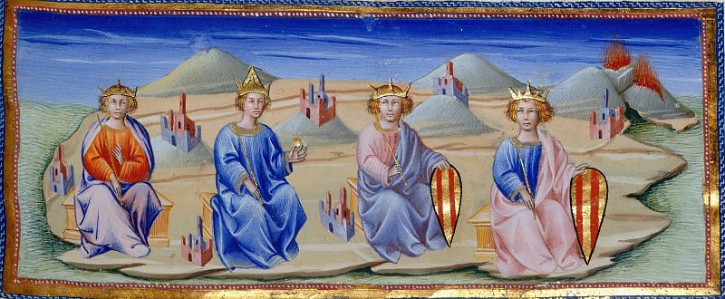 166 Robert Guiscard, William the Good, Charles II and Frederick of Aragon, seated near Sicily and Naples, Divina Commedia