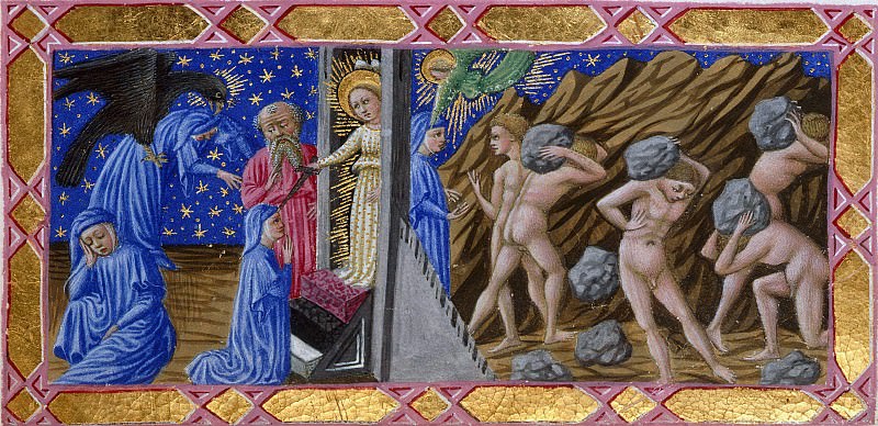 084 Purgatory, First terrace - Dante and Virgil at the gates of Purgatory, and the Proud carrying heavy stones. Divina Commedia