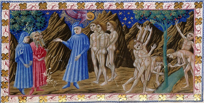 107 Purgatory, Sixth terrace - Dante and Virgil before Forese Donati. Punishment for the gluttons. Divina Commedia