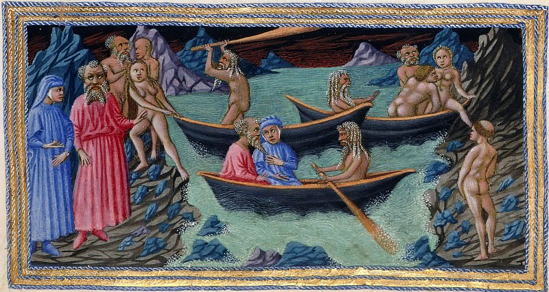 006 Dante being rowed by Charon across the River Acheron. Divina Commedia