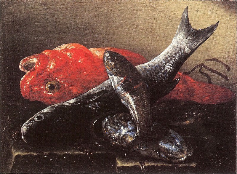 Giuseppe Recco Nature morte avec une rascasse des bars et un calamar 16809 203. часть 2 - европейского искусства Европейская живопись