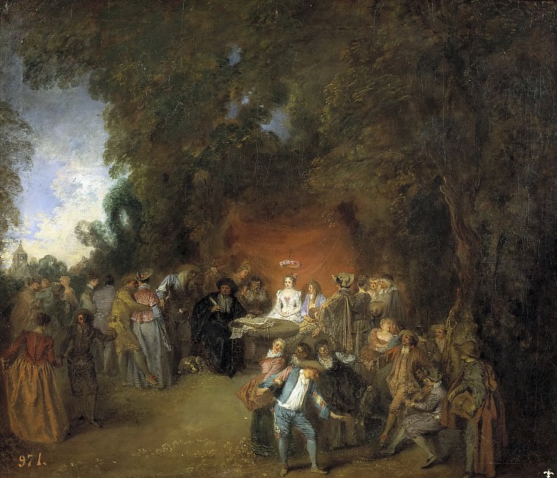 Watteau, Jean Antoine -- Capitulaciones de boda y baile campestre. Part 5 Prado Museum