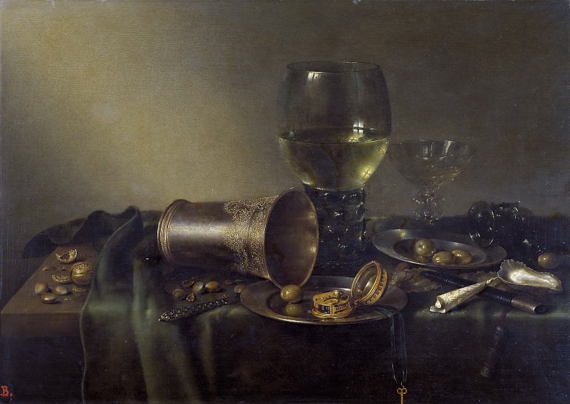 Heda, Willem Claesz. -- Bodegón con vaso de plata y reloj. Part 5 Prado Museum