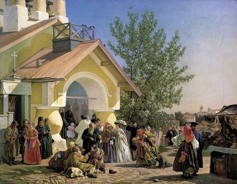 Morozov Alexander 1835 1904 Exit from the church in Pskov 1864 Oil on canvas 70x89 cm. часть 1 - Russian and soviet artists Русские и советские художники