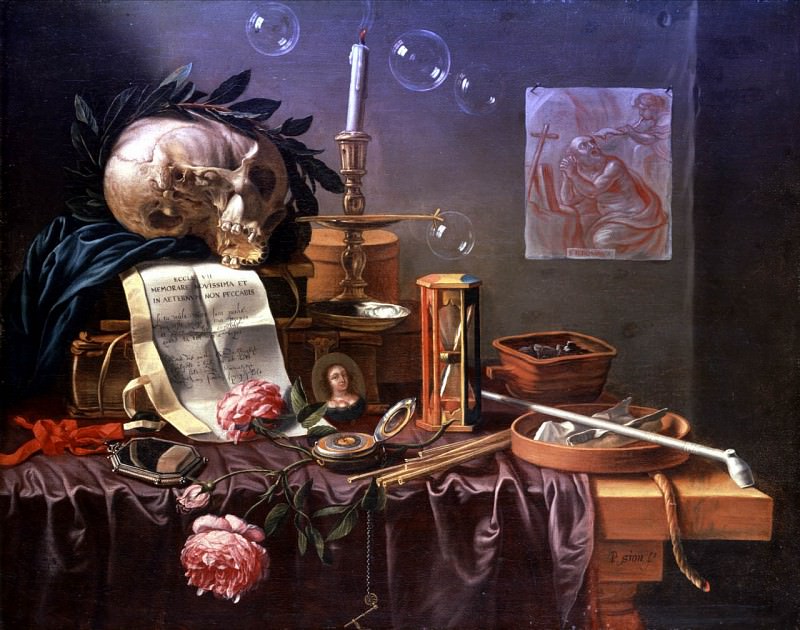 PEETER SION THE ELDER Vanitas Still Life Soup Bubbles a garlanded Skull an Hourglass a Watch a snuffed Candle and other objects on a partly draped Table 89731 172. часть 4 - европейского искусства Европейская живопись