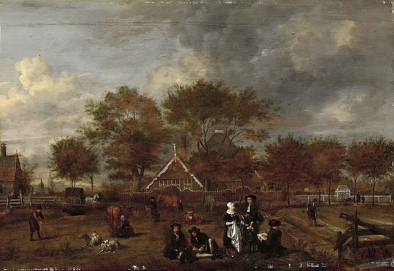 Ян Питерс Оппердус -- Деревенская площадь, на переднем плане крестьянин со своей женой и художник, 1650-1680, Рейксмузеум: часть 2