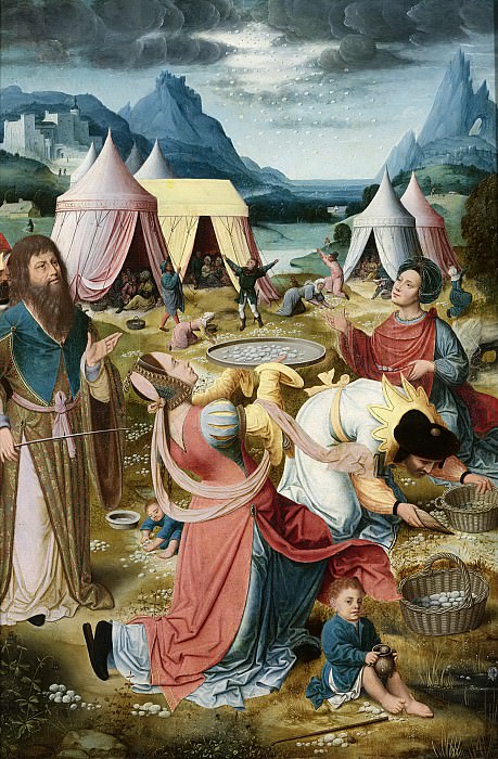 Неизвестный художник -- Правое крыло запрестольного образа с Манной небесной (обратная сторона) и Народным собранием (внешняя сторона), 1510-1520. Рейксмузеум: часть 2