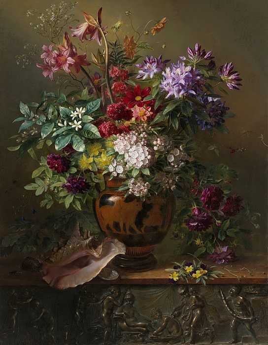 Os, Georgius Jacobus Johannes van -- Stilleven met bloemen in een Griekse vaas, allegorie op de lente, 1817. Rijksmuseum: part 2