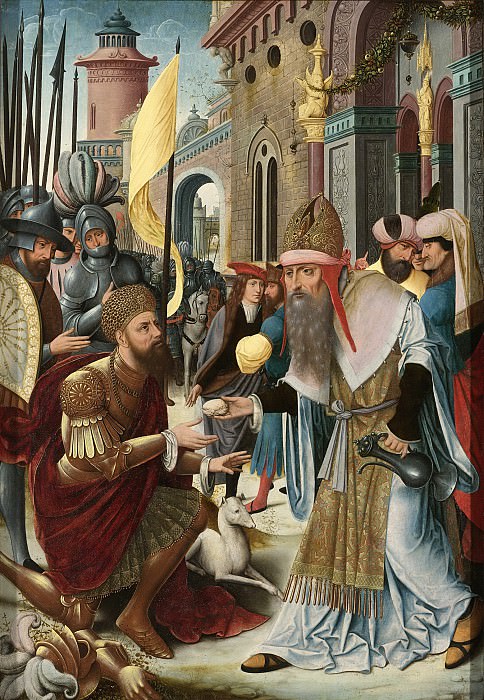 Неизвестный художник -- Левое крыло запрестольного образа со сценой встречи Авраама и Мельхиседека (оборотная сторона) и Синагога (внешняя сторона), 1510-1520. Рейксмузеум: часть 2