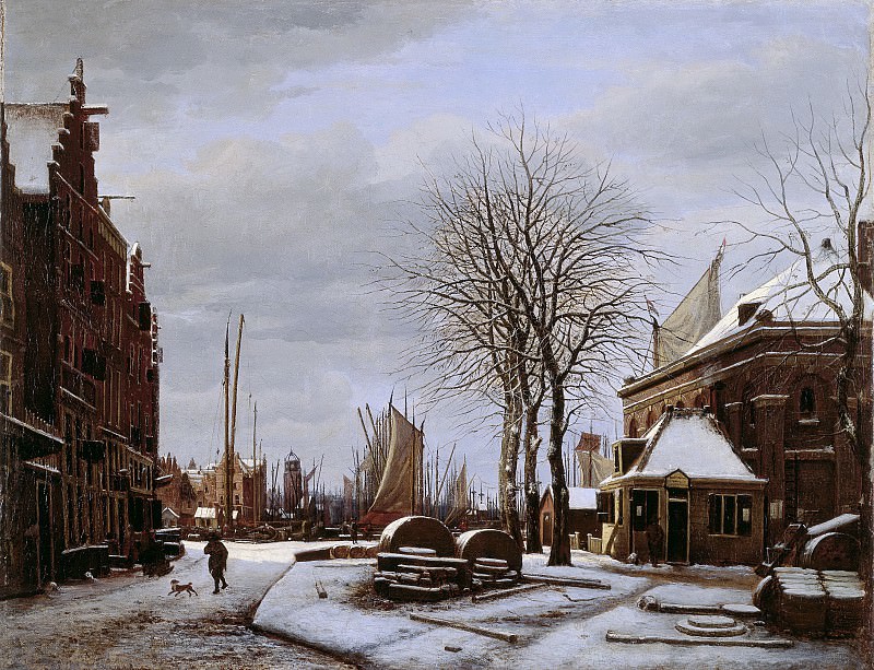 Георг Питер Вестенберг -- Рынок шлифовальных камней и здание консультантов по морскому праву в Амстердаме зимой, 1817. Рейксмузеум: часть 2