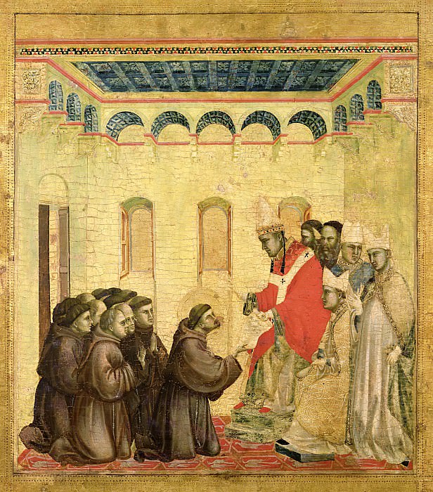 Saint Francis of Assisi Receiving the Stigmata, predella - The Pope approving the statutes of the Franciscan order. Giotto di Bondone
