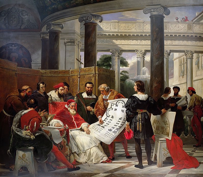 Julius II Ordering Bramante, Michelangelo, and Raphael to Build the Vatican and Saint Peter’s. Horace Vernet