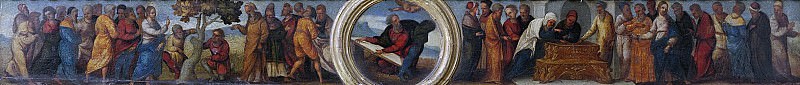 Mazzolino, Lodovico -- Mozes en de tafelen der Wet, de vervloeking van de verwelkte vijgenboom, en de gelijkenis van het penningske van de weduwe, 1525 - 1530. Rijksmuseum: part 1