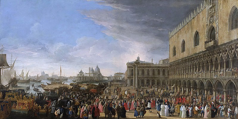 Carlevarijs, Luca -- De intocht van de Franse ambassadeur, Henri Charles Arnauld de Pomponne, in Venetië in 1706., 1706 - 1708. Rijksmuseum: part 1