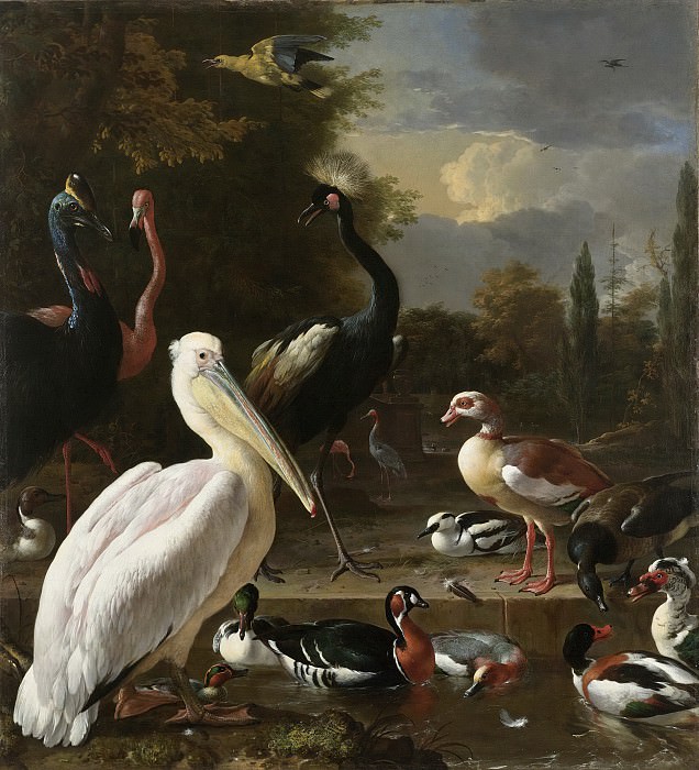 Hondecoeter, Melchior d -- Een pelikaan en ander gevogelte bij een waterbassin, bekend als ’Het drijvend veertje, 1680. Rijksmuseum: part 1