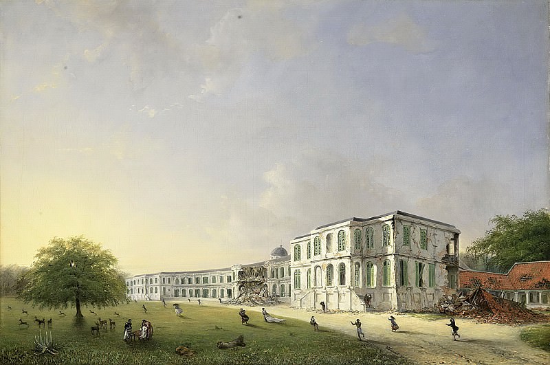 Troost, Willem (II) -- De voorzijde van het paleis te Buitenzorg na de aardbeving van 10 oktober 1834, 1834 - 1836. Rijksmuseum: part 1