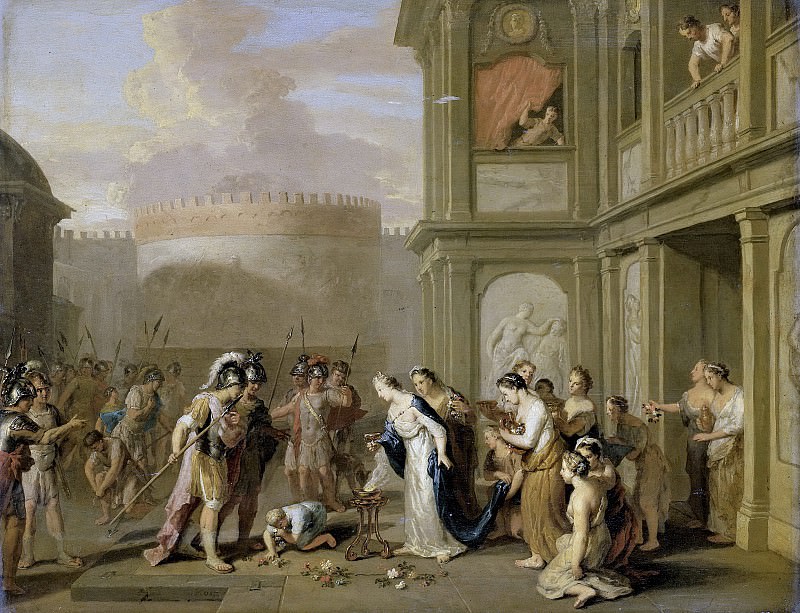 Герард Хут (I) -- Царица Клеопатра, предлагающая Александру Великому бокал вина за покорение Мазаги, 1670-1733. Рейксмузеум: часть 1
