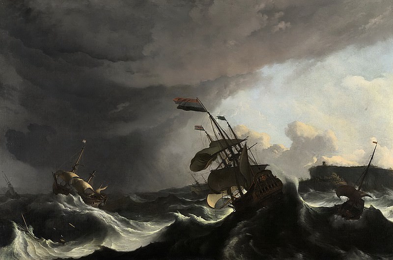Людольф Бакхейзен -- Военные корабли «Риддерсхап» (справа) и «Голландия» (слева), захлестываемые волнами во время шторма в Гибралтарском проливе, 1694-1708. Рейксмузеум: часть 1