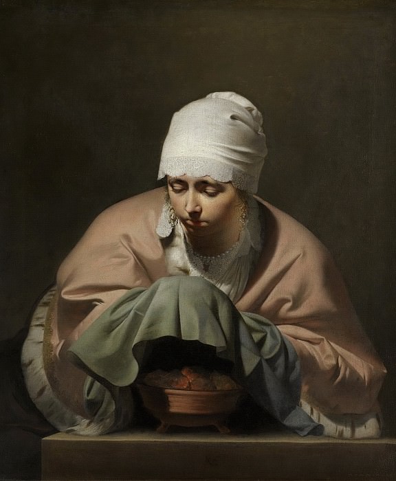 Сесар Боэтиус ван Эвердинген -- Молодая женщина, греющая руки над жаровней; возможно, это аллегория зимы, 1644-48. Рейксмузеум: часть 1