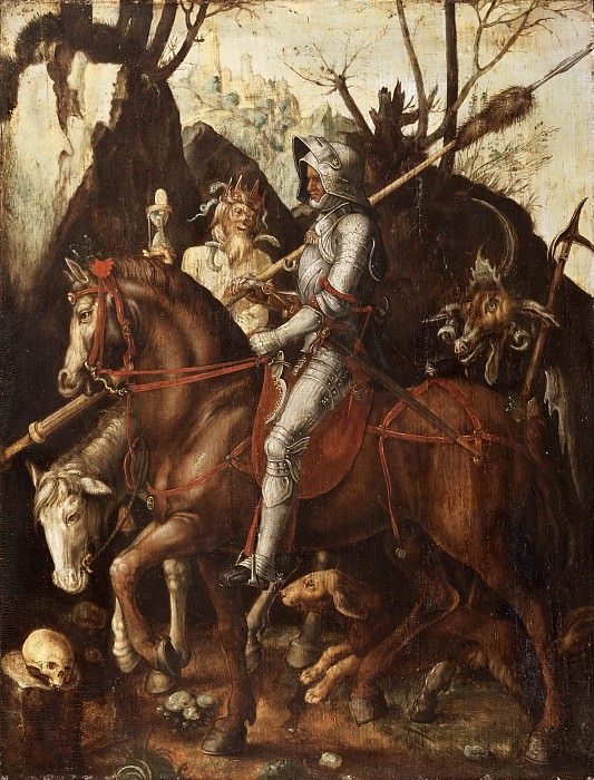 Attributed to Cornelis van Dalem, Netherlandish (active Antwerp), first documented 1545, died 1573 -- A Knight, Death, and the Devil. Philadelphia Museum of Art